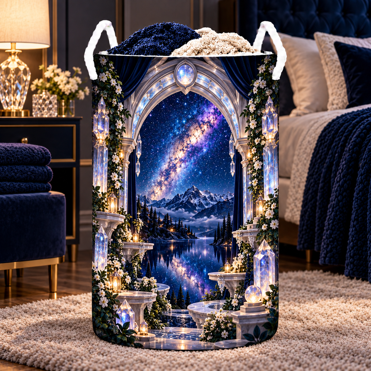 Milky Way Moonstone Arch Laundry Hamper with printed optical 3D artwork in its use setting