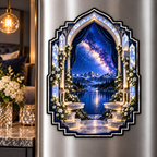 Milky Way Moonstone Arch Acrylic Refrigerator Magnet with printed optical 3D artwork in its use setting