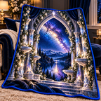 Milky Way Moonstone Arch Quilt Blanket with printed optical 3D artwork in its use setting