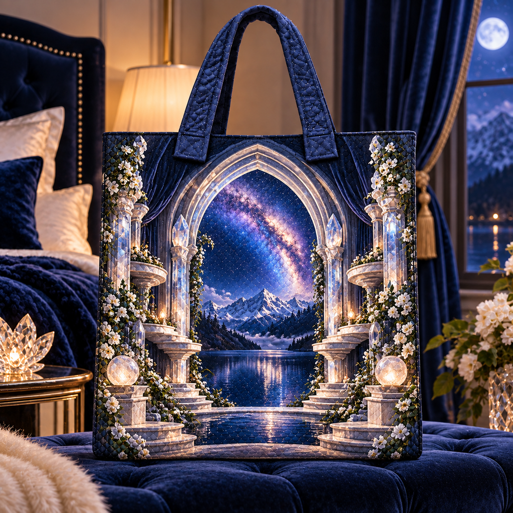 Milky Way Moonstone Arch Quilted Tote Bag with printed optical 3D artwork in its use setting