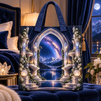 Milky Way Moonstone Arch Quilted Tote Bag with printed optical 3D artwork in its use setting