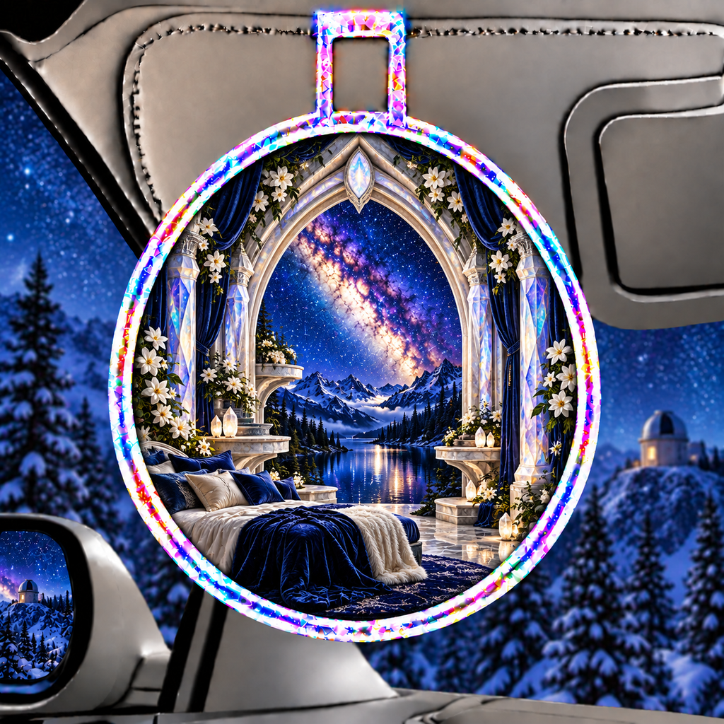 Milky Way Moonstone Arch Holographic Car Visor Clip with printed optical 3D artwork in its use setting