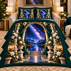 Milky Way Gilded Salon Arch Quilted Bedding Set with printed optical 3D artwork in its use setting
