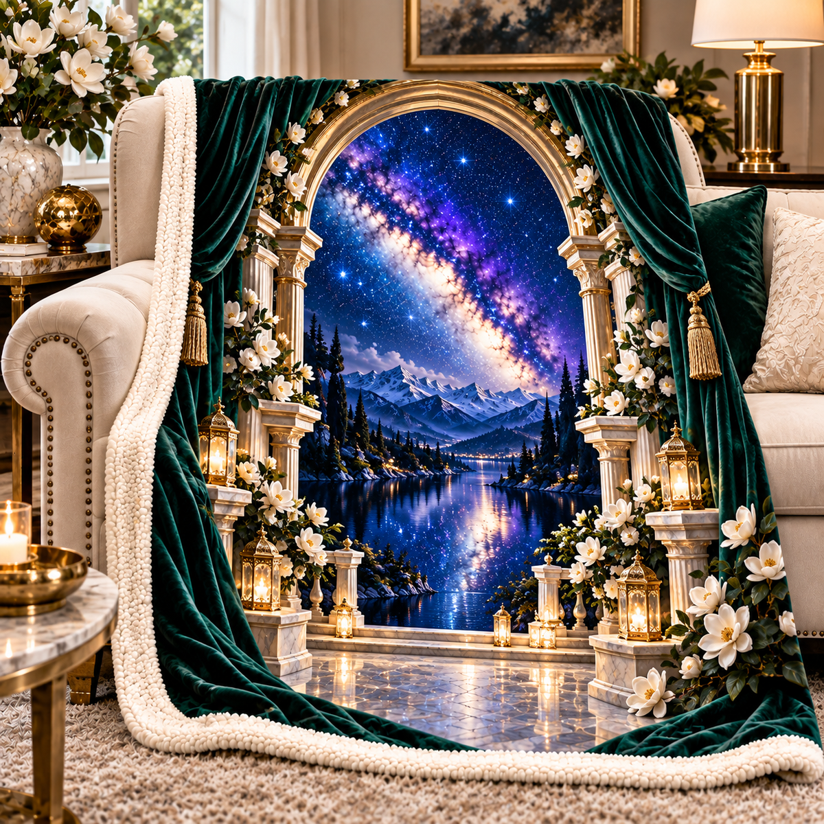 Milky Way Gilded Salon Arch Sherpa & Fleece Blanket with printed optical 3D artwork in its use setting