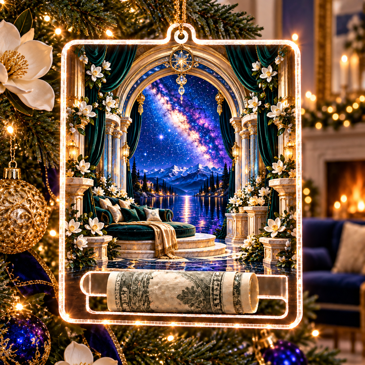 Milky Way Gilded Salon Arch Acrylic Cash Holder Ornament with printed optical 3D artwork in its use setting