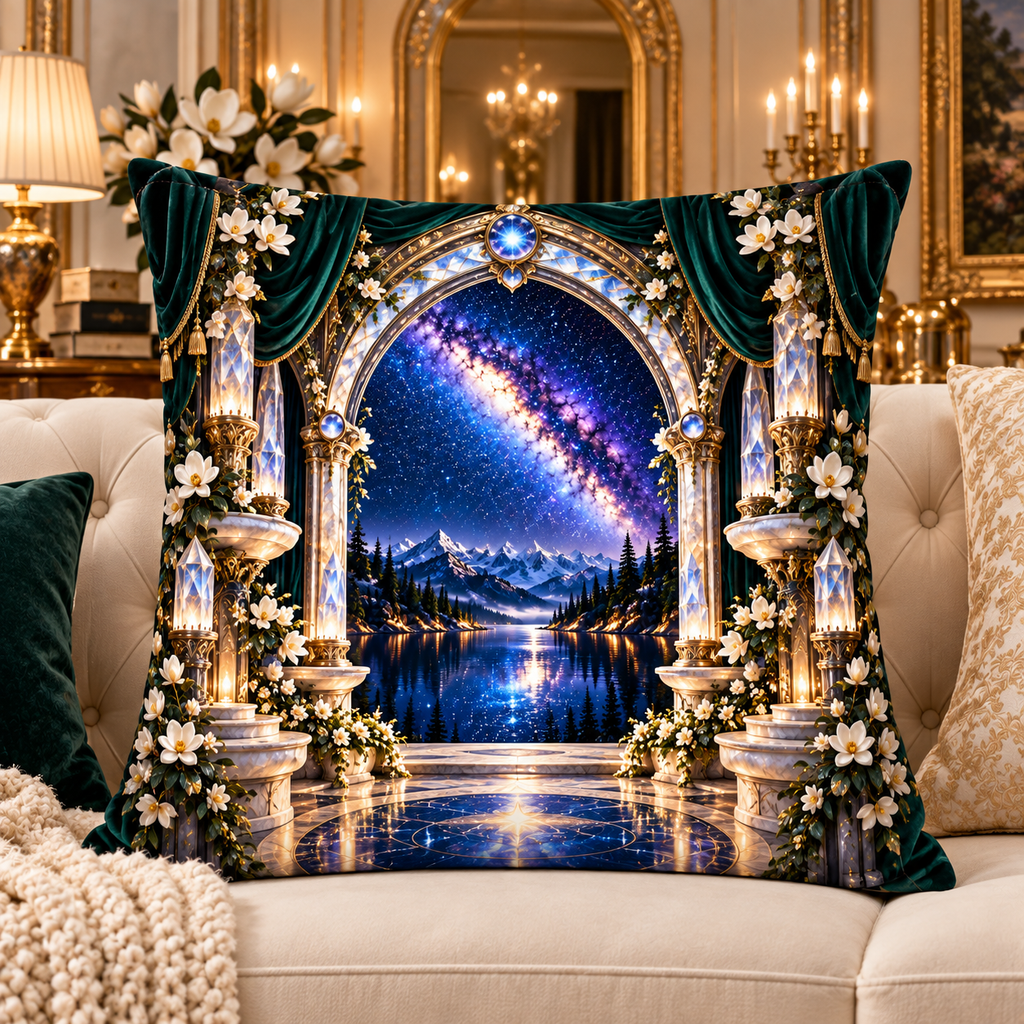 Milky Way Gilded Salon Arch Quilted Cushion Cover with printed optical 3D artwork in its use setting