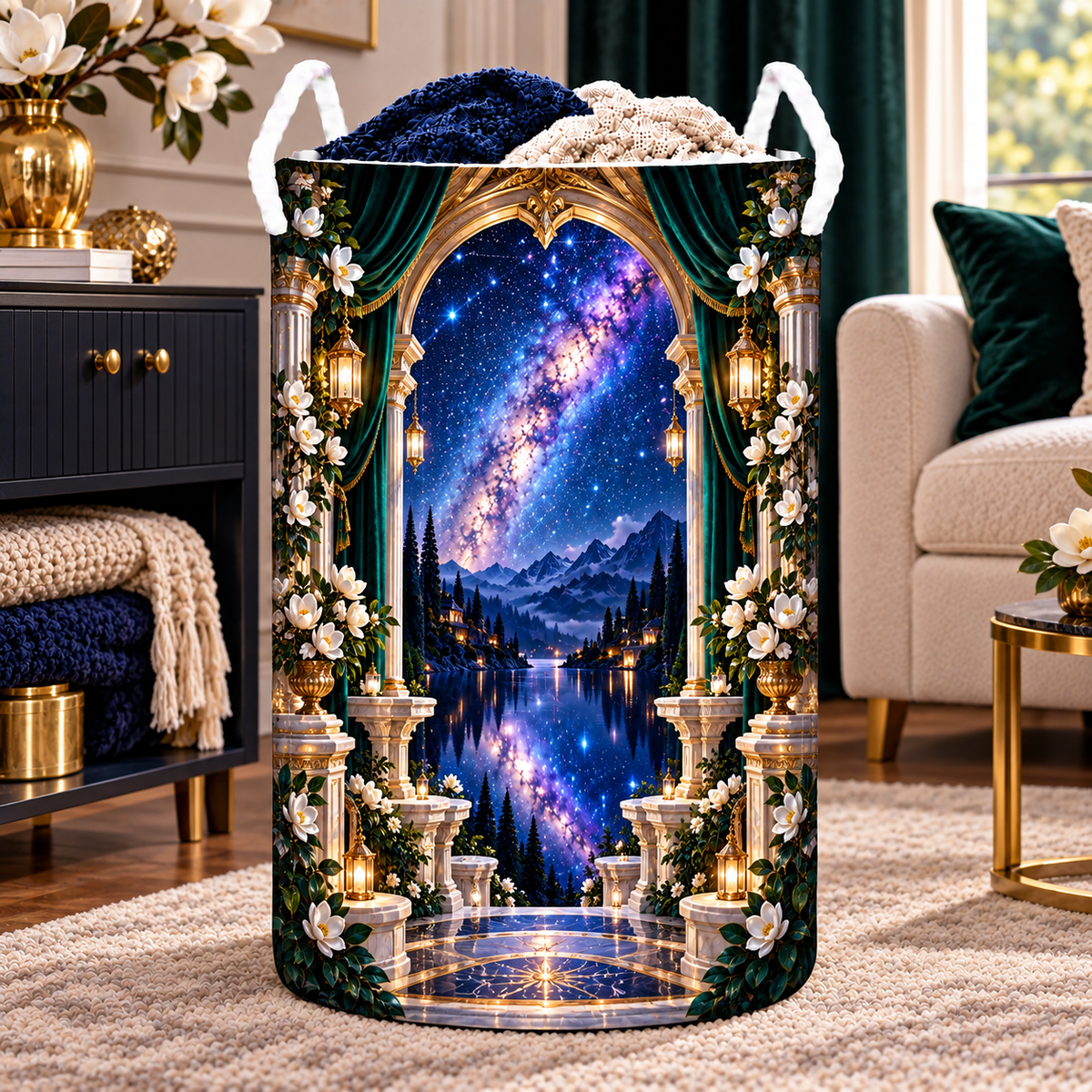 Milky Way Gilded Salon Arch Laundry Hamper with printed optical 3D artwork in its use setting