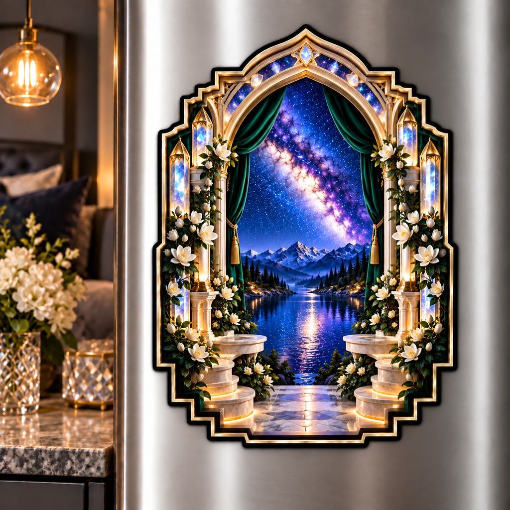 Milky Way Gilded Salon Arch Acrylic Refrigerator Magnet with printed optical 3D artwork in its use setting