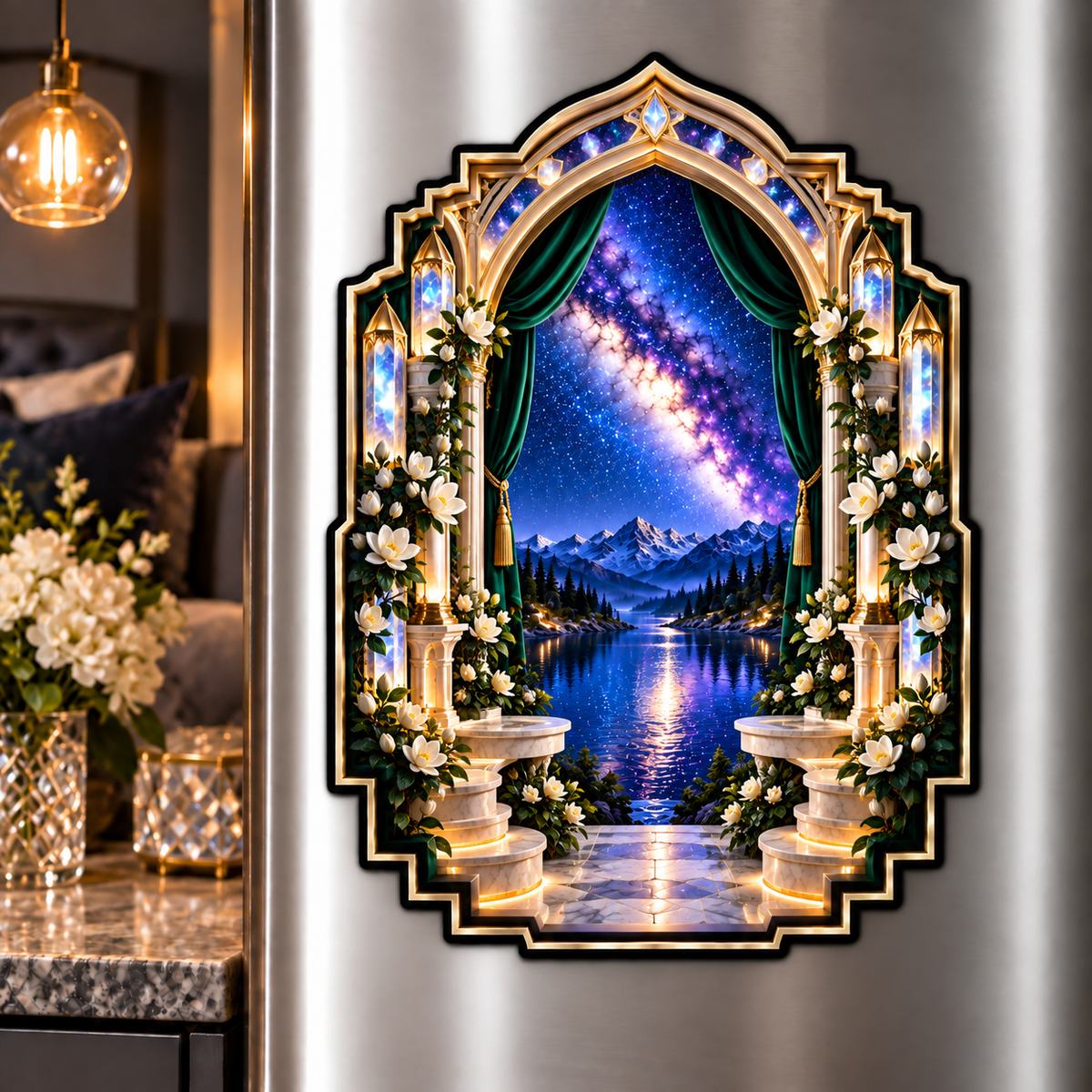 Milky Way Gilded Salon Arch Acrylic Refrigerator Magnet with printed optical 3D artwork in its use setting