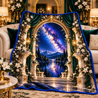 Milky Way Gilded Salon Arch Quilt Blanket with printed optical 3D artwork in its use setting