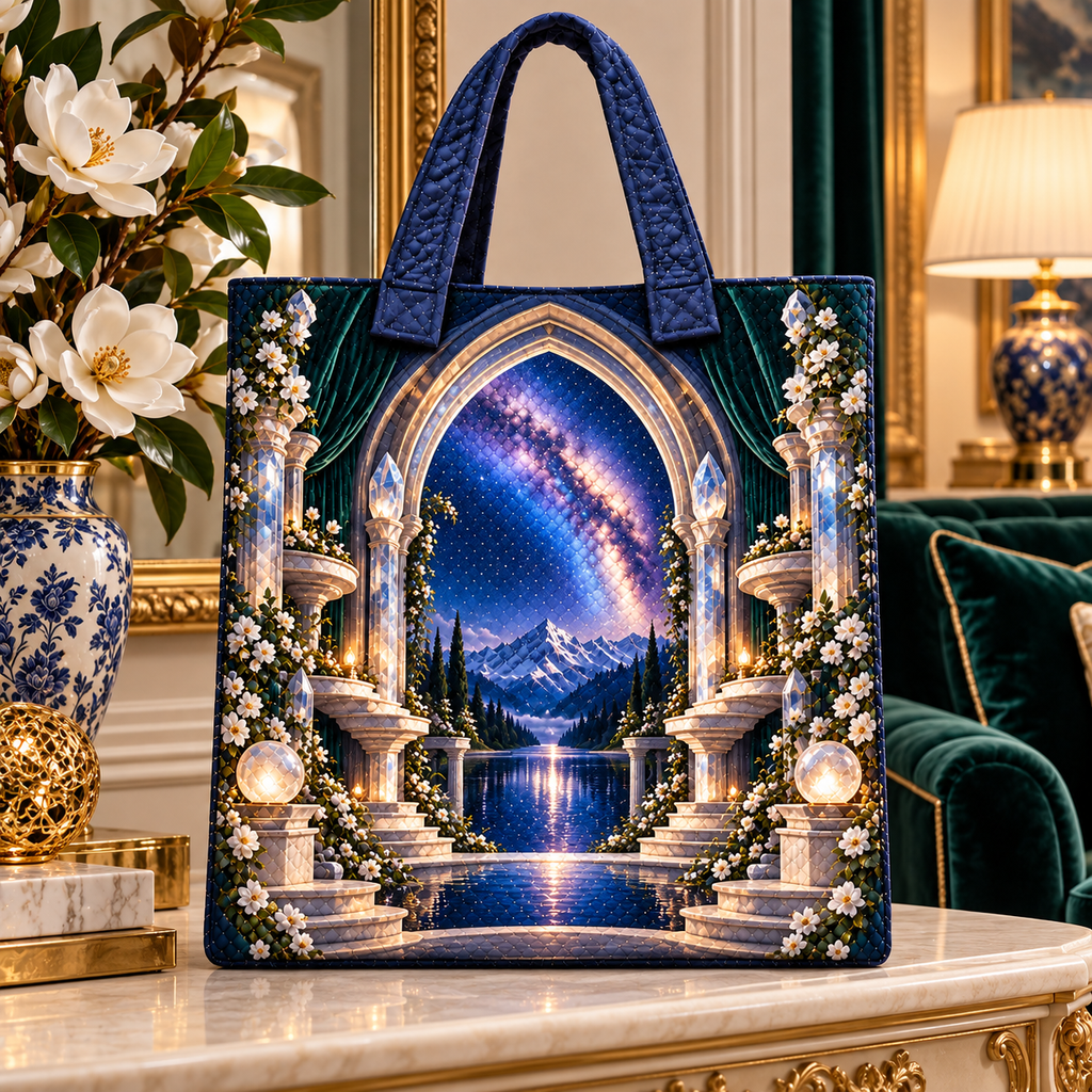 Milky Way Gilded Salon Arch Quilted Tote Bag with printed optical 3D artwork in its use setting
