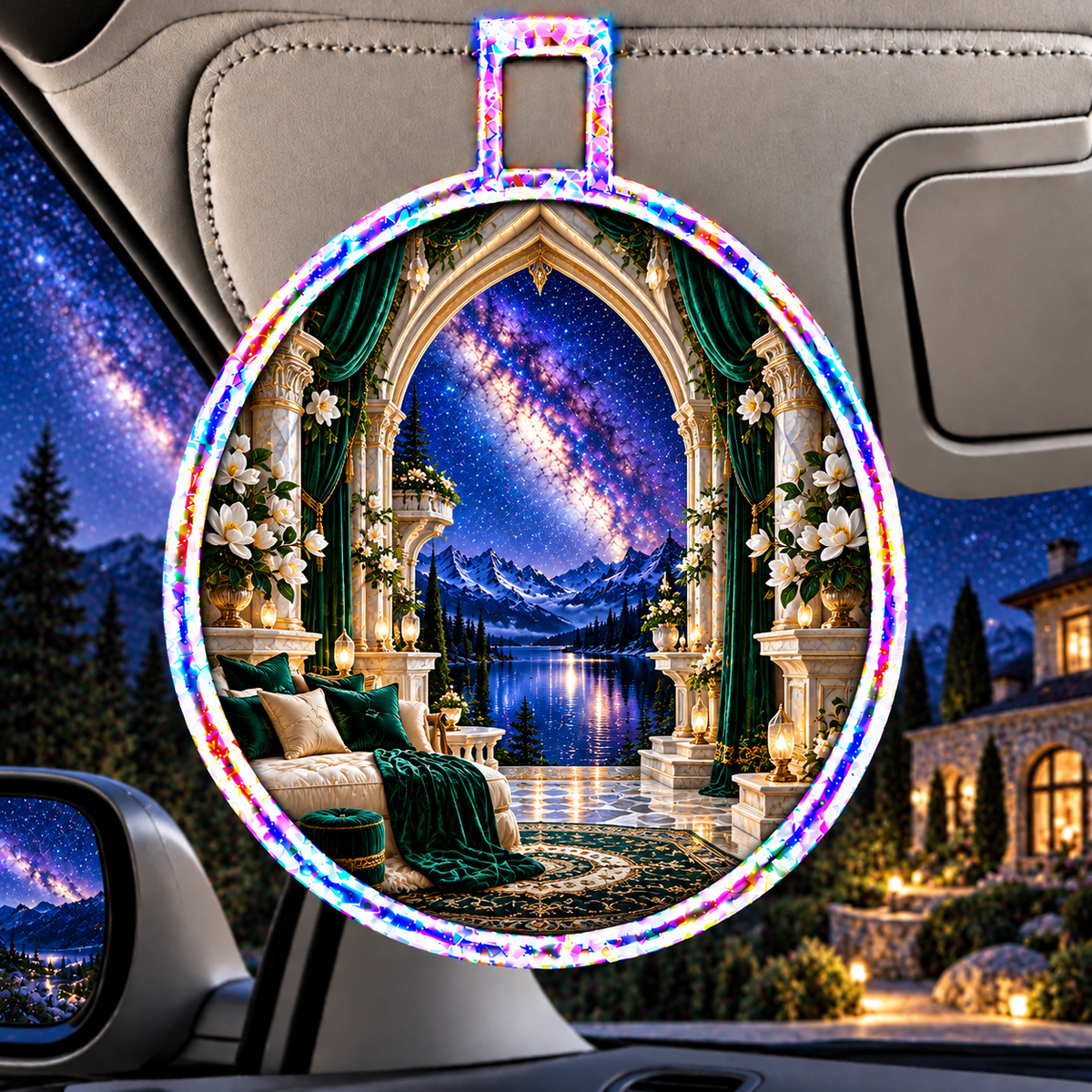 Milky Way Gilded Salon Arch Holographic Car Visor Clip with printed optical 3D artwork in its use setting