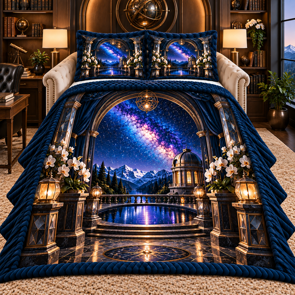 Milky Way Observatory Arch Quilted Bedding Set with printed optical 3D artwork in its use setting
