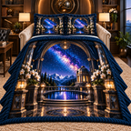 Milky Way Observatory Arch Quilted Bedding Set with printed optical 3D artwork in its use setting