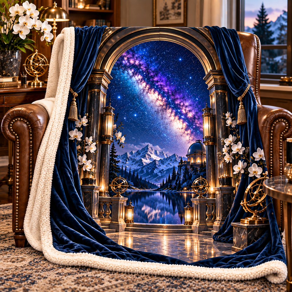 Milky Way Observatory Arch Sherpa & Fleece Blanket with printed optical 3D artwork in its use setting