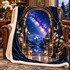 Milky Way Observatory Arch Sherpa & Fleece Blanket with printed optical 3D artwork in its use setting