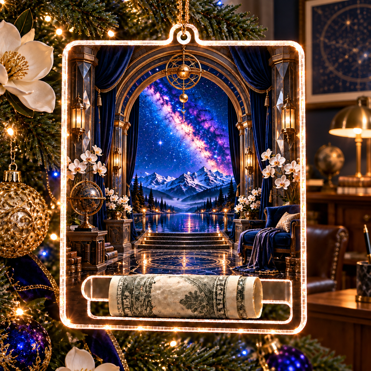 Milky Way Observatory Arch Acrylic Cash Holder Ornament with printed optical 3D artwork in its use setting
