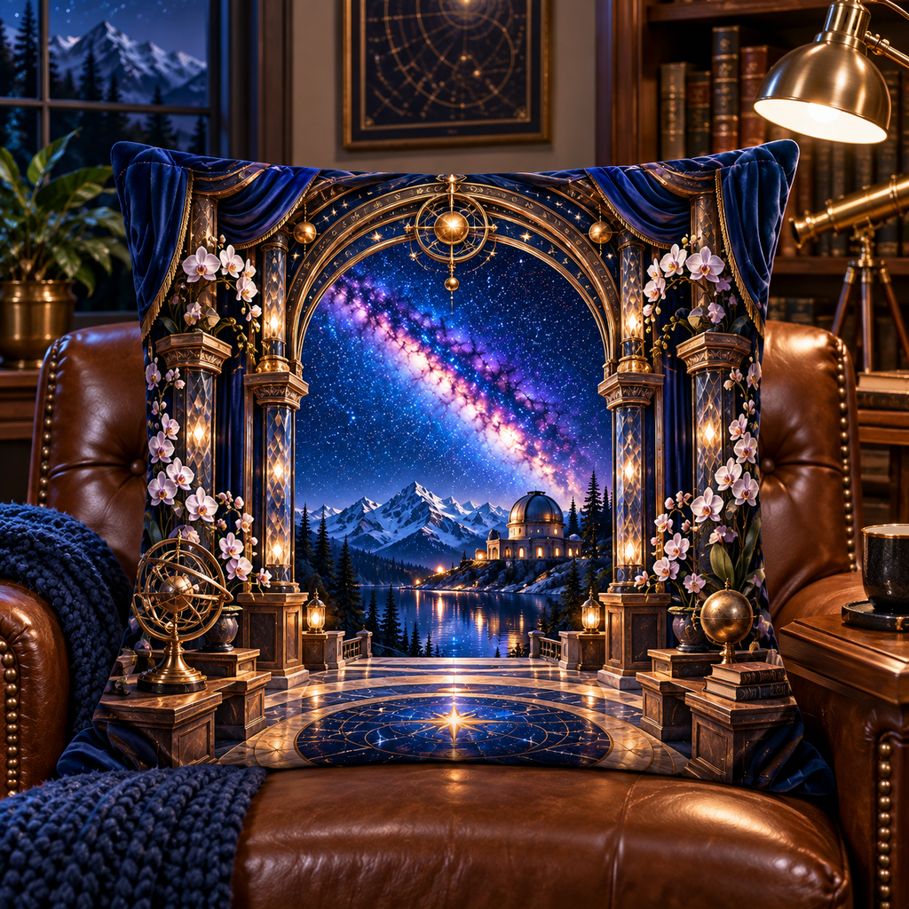 Milky Way Observatory Arch Quilted Cushion Cover with printed optical 3D artwork in its use setting