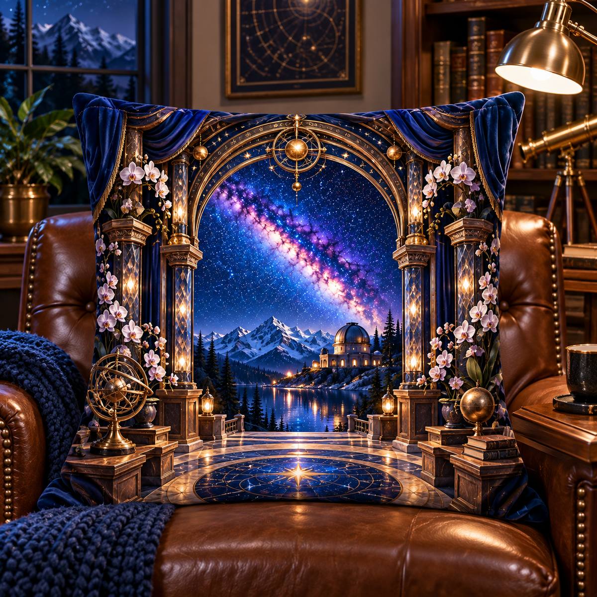 Milky Way Observatory Arch Quilted Cushion Cover with printed optical 3D artwork in its use setting