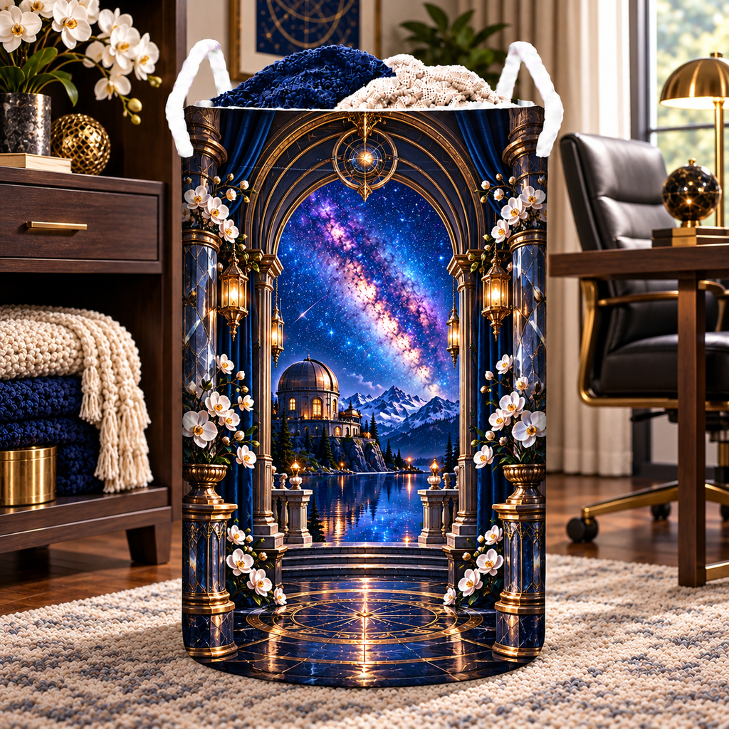 Milky Way Observatory Arch Laundry Hamper with printed optical 3D artwork in its use setting