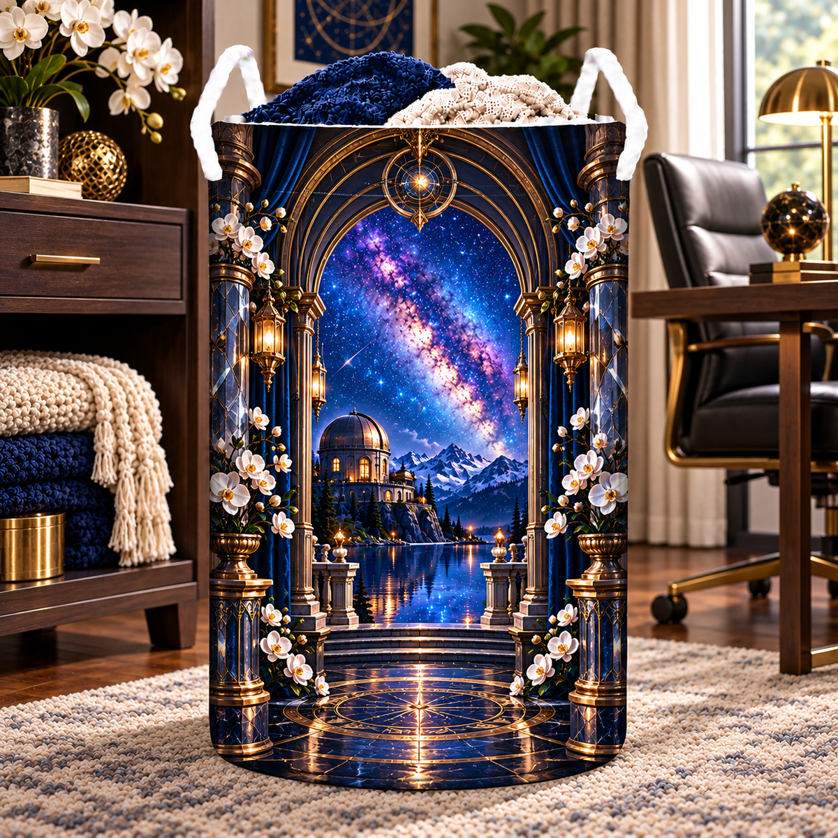 Milky Way Observatory Arch Laundry Hamper with printed optical 3D artwork in its use setting