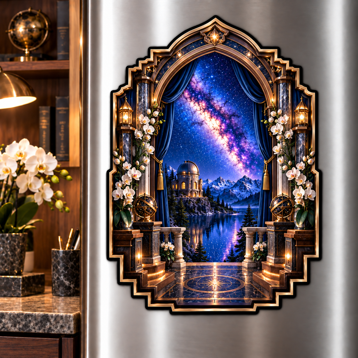Milky Way Observatory Arch Acrylic Refrigerator Magnet with printed optical 3D artwork in its use setting