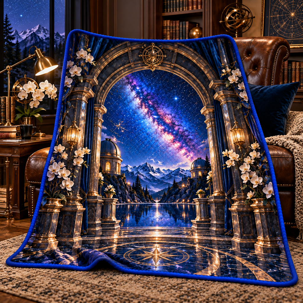 Milky Way Observatory Arch Quilt Blanket with printed optical 3D artwork in its use setting