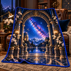 Milky Way Observatory Arch Quilt Blanket with printed optical 3D artwork in its use setting