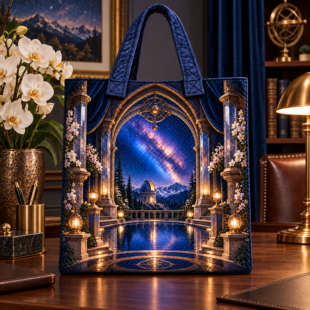 Milky Way Observatory Arch Quilted Tote Bag with printed optical 3D artwork in its use setting
