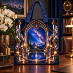 Milky Way Observatory Arch Quilted Tote Bag with printed optical 3D artwork in its use setting
