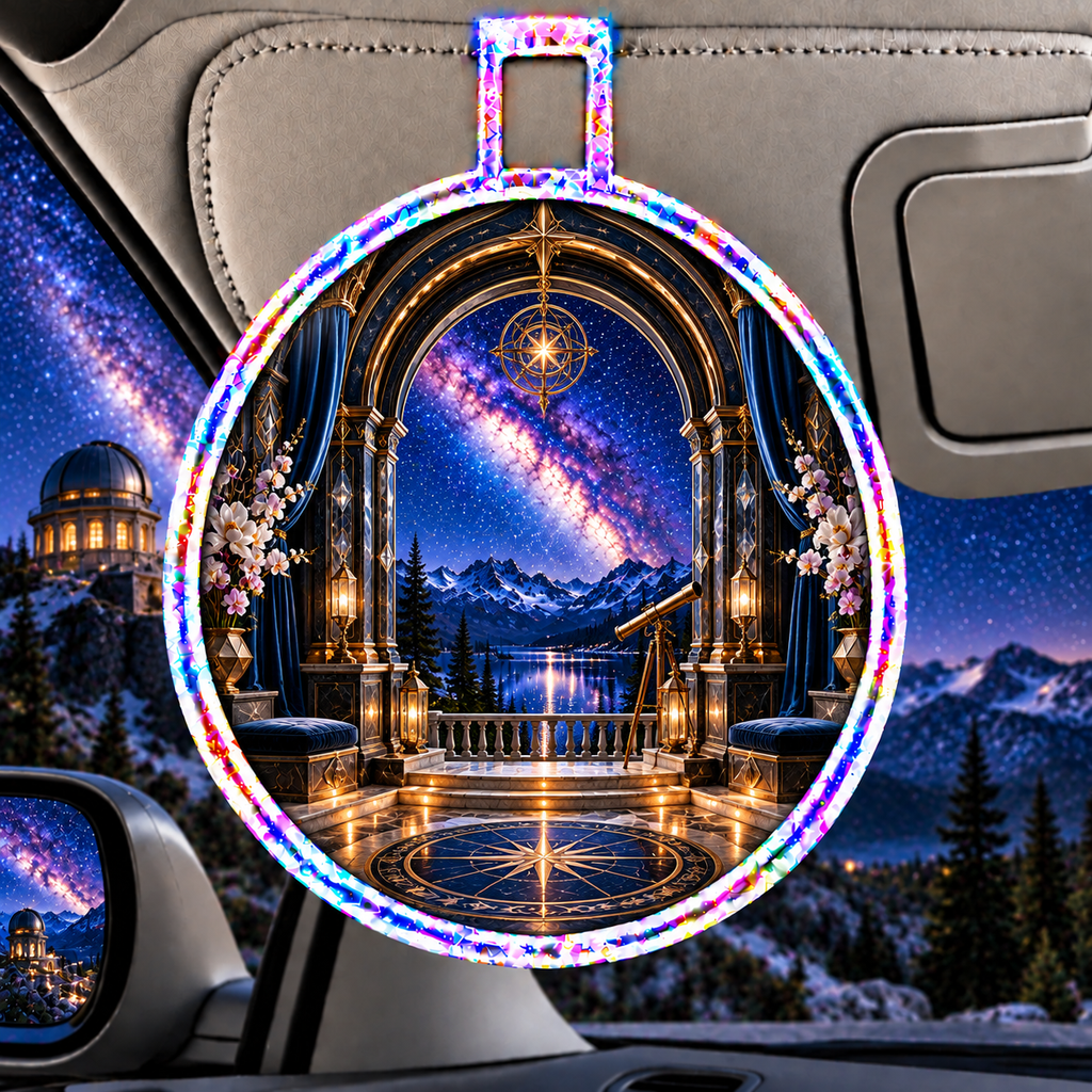 Milky Way Observatory Arch Holographic Car Visor Clip with printed optical 3D artwork in its use setting
