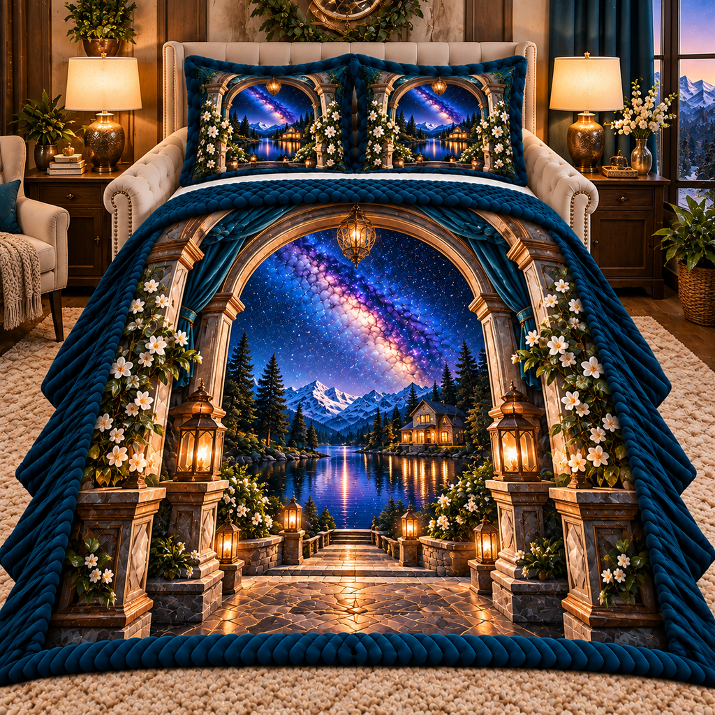 Milky Way Hearthlight Arch Quilted Bedding Set with printed optical 3D artwork in its use setting