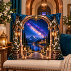 Milky Way Hearthlight Arch Quilted Cushion Cover with printed optical 3D artwork in its use setting