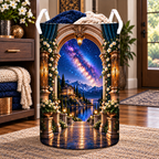 Milky Way Hearthlight Arch Laundry Hamper with printed optical 3D artwork in its use setting