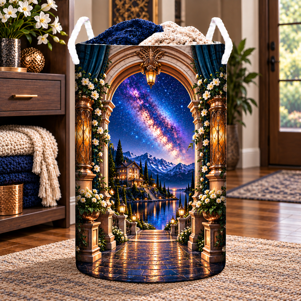 Milky Way Hearthlight Arch Laundry Hamper with printed optical 3D artwork in its use setting