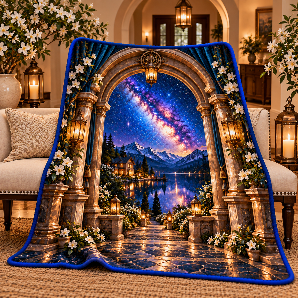 Milky Way Hearthlight Arch Quilt Blanket with printed optical 3D artwork in its use setting