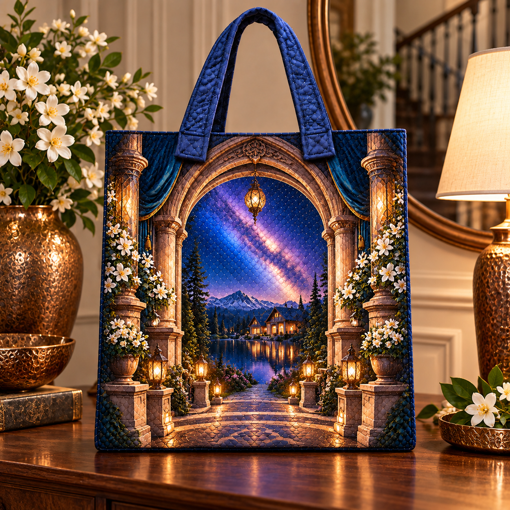 Milky Way Hearthlight Arch Quilted Tote Bag with printed optical 3D artwork in its use setting