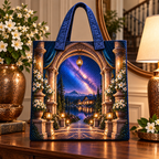 Milky Way Hearthlight Arch Quilted Tote Bag with printed optical 3D artwork in its use setting