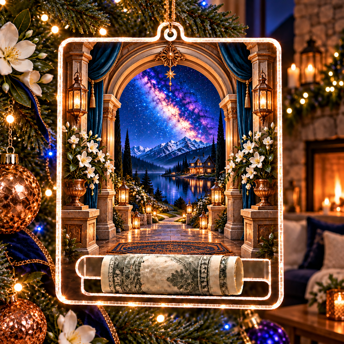 Milky Way Hearthlight Arch Holographic Car Visor Clip with printed optical 3D artwork in its use setting
