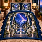 Milky Way Moon Garden Arch Quilted Bedding Set with printed optical 3D artwork in its use setting