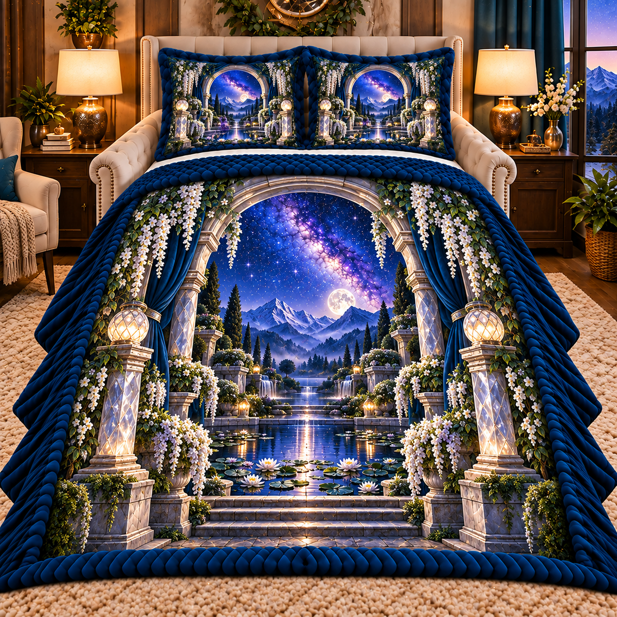 Milky Way Moon Garden Arch Quilted Bedding Set with printed optical 3D artwork in its use setting