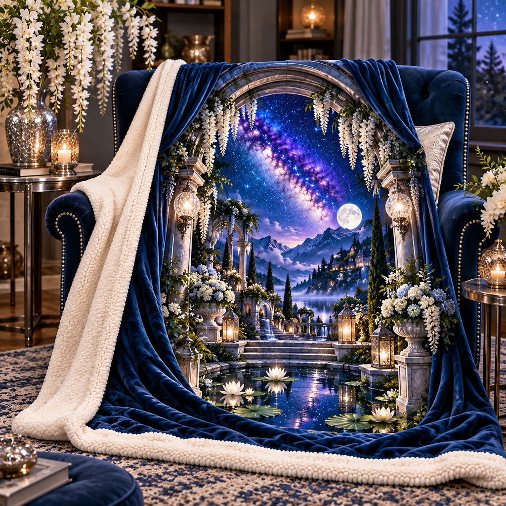 Milky Way Moon Garden Arch Sherpa & Fleece Blanket with printed optical 3D artwork in its use setting