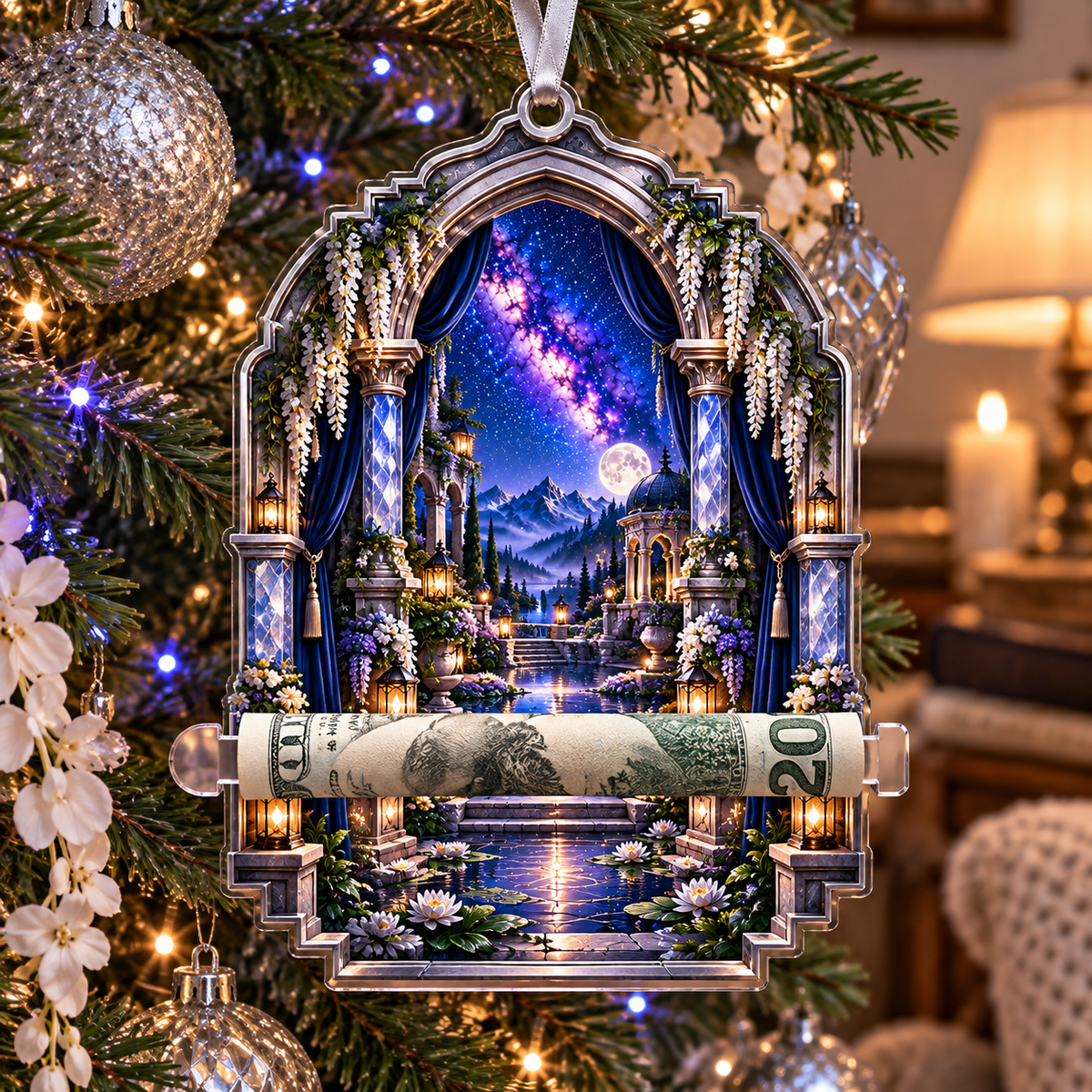 Milky Way Moon Garden Arch Acrylic Cash Holder Ornament with printed optical 3D artwork in its use setting