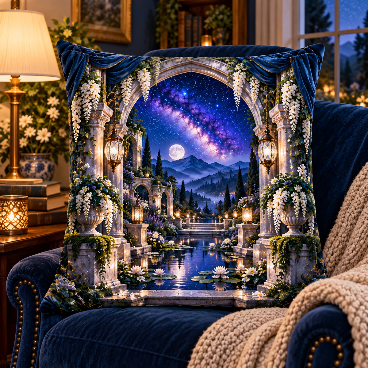 Milky Way Moon Garden Arch Quilted Cushion Cover with printed optical 3D artwork in its use setting