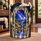 Milky Way Moon Garden Arch Laundry Hamper with printed optical 3D artwork in its use setting