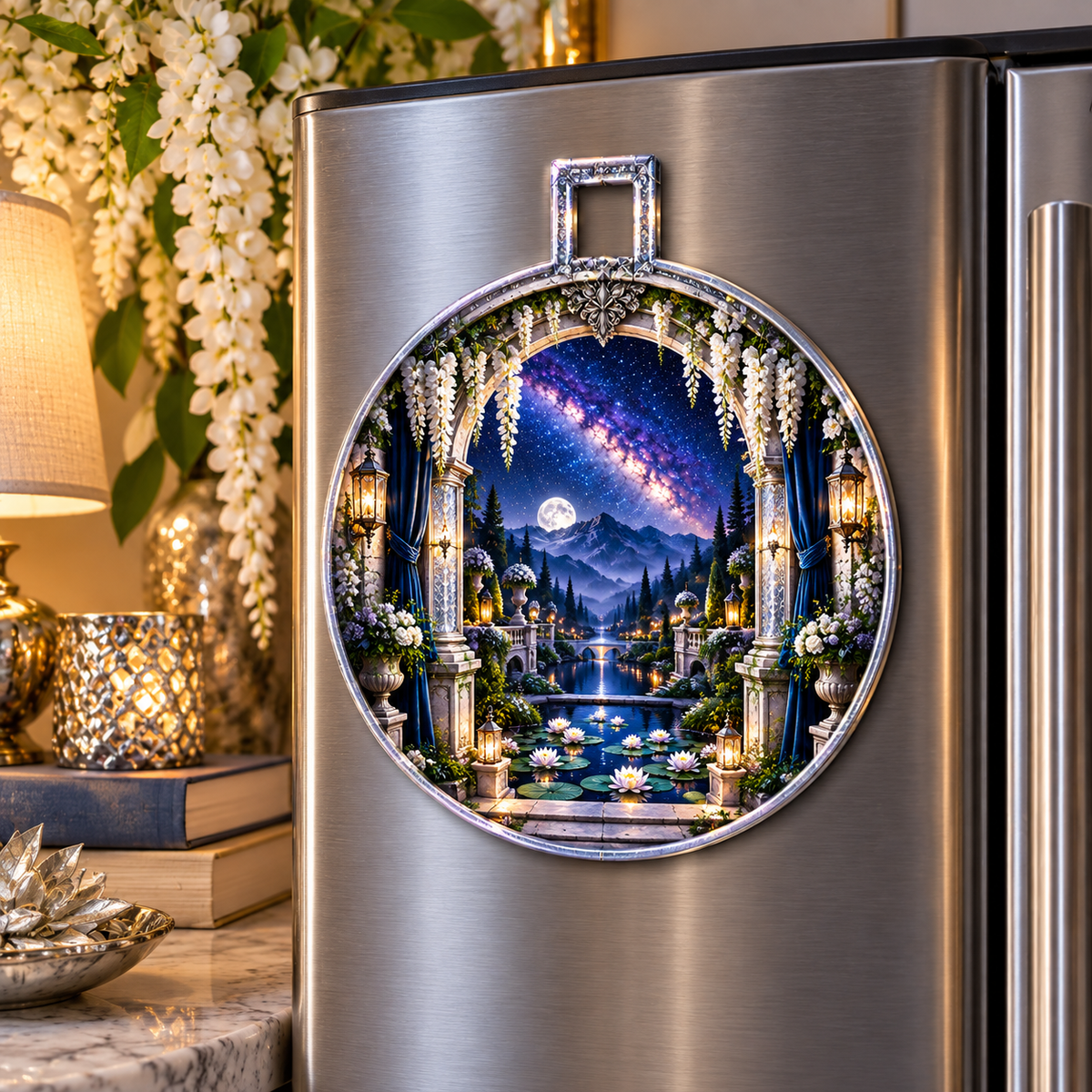 Milky Way Moon Garden Arch Acrylic Refrigerator Magnet with printed optical 3D artwork in its use setting
