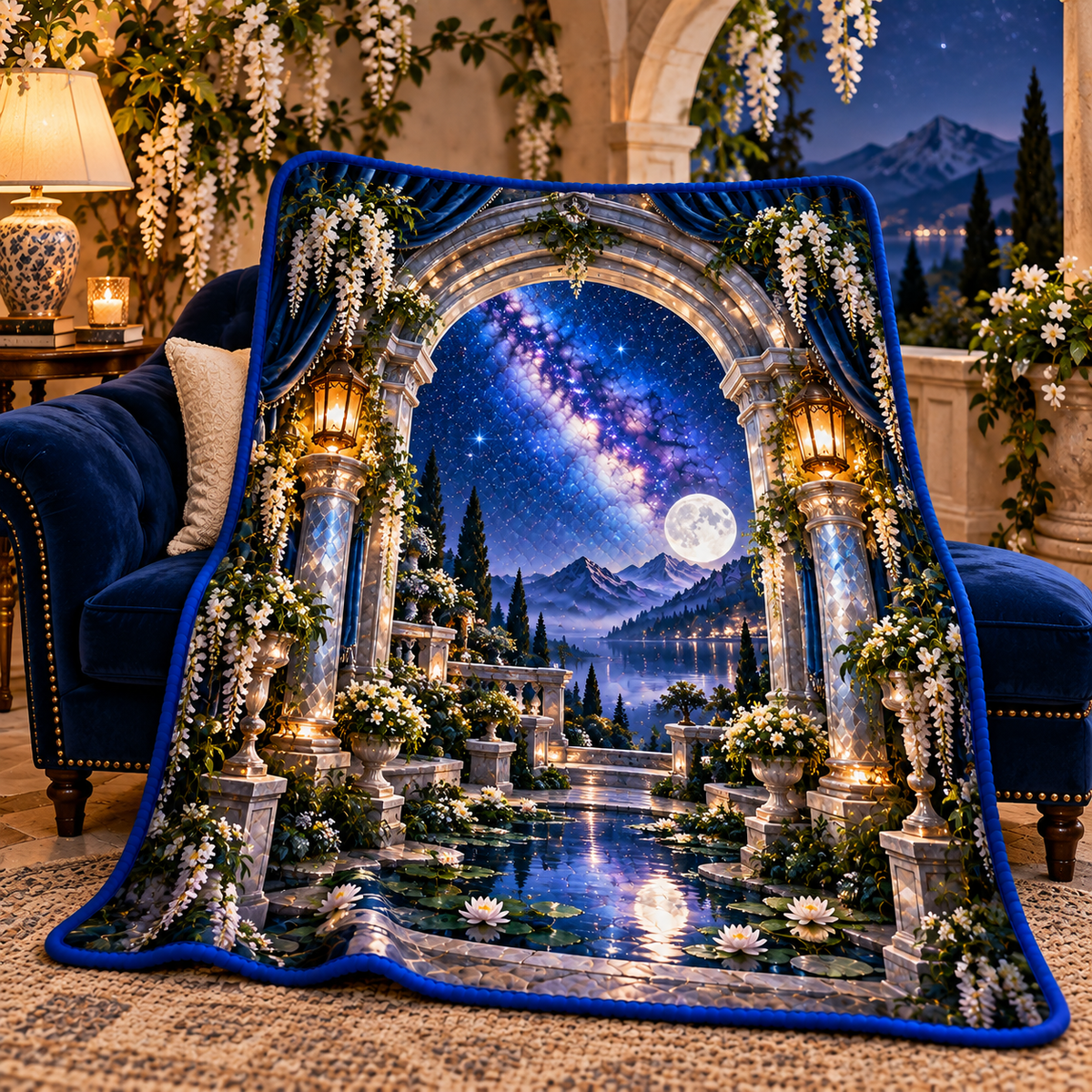 Milky Way Moon Garden Arch Quilt Blanket with printed optical 3D artwork in its use setting
