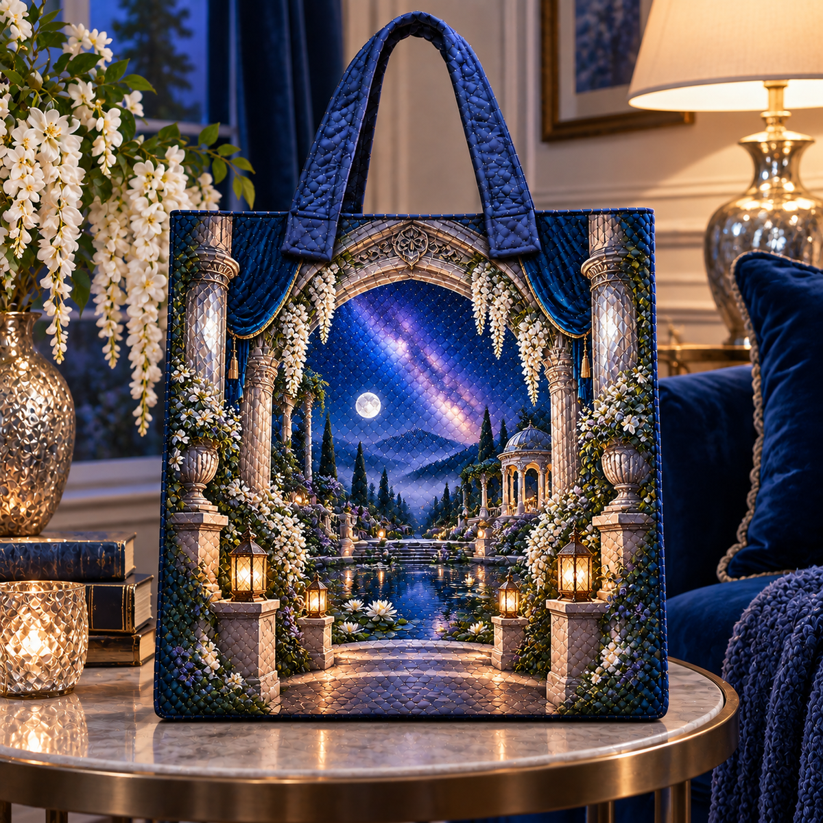 Milky Way Moon Garden Arch Quilted Tote Bag with printed optical 3D artwork in its use setting