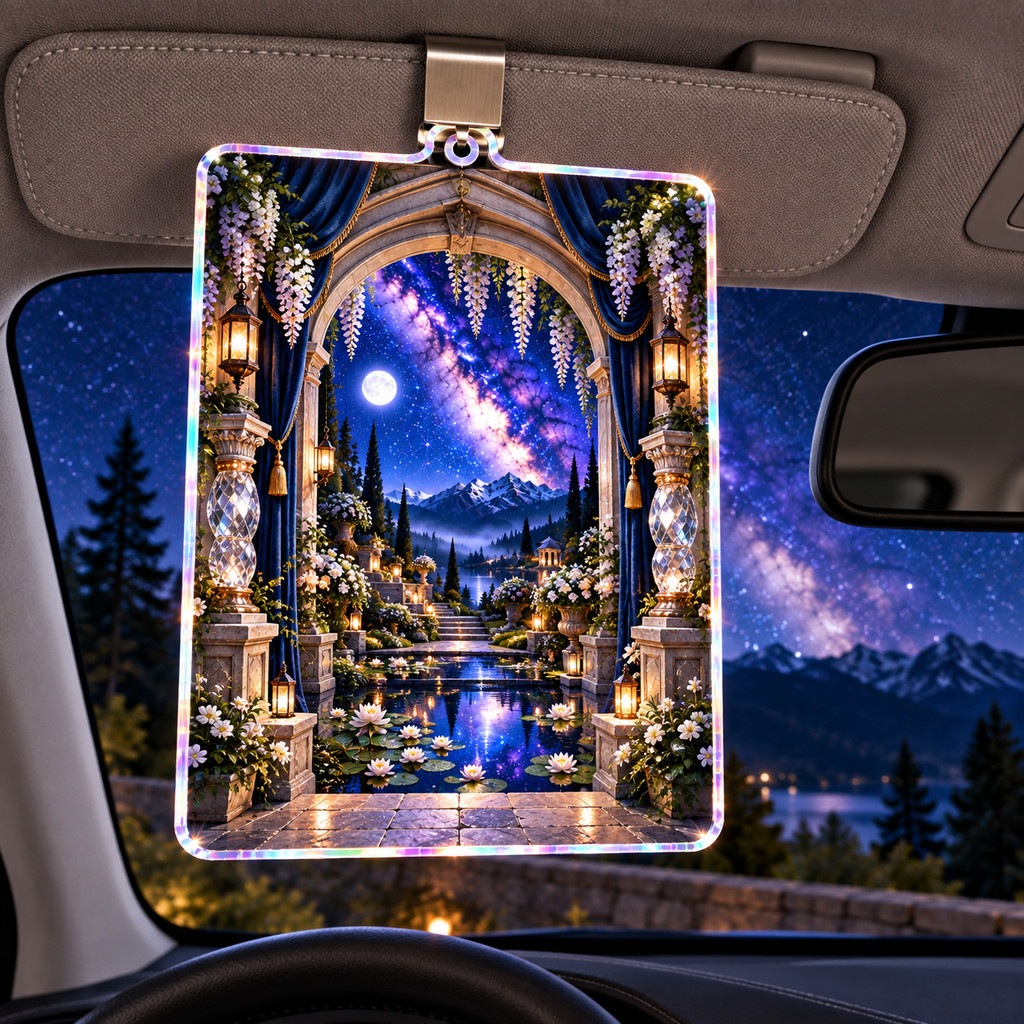 Milky Way Moon Garden Arch Holographic Car Visor Clip with printed optical 3D artwork in its use setting