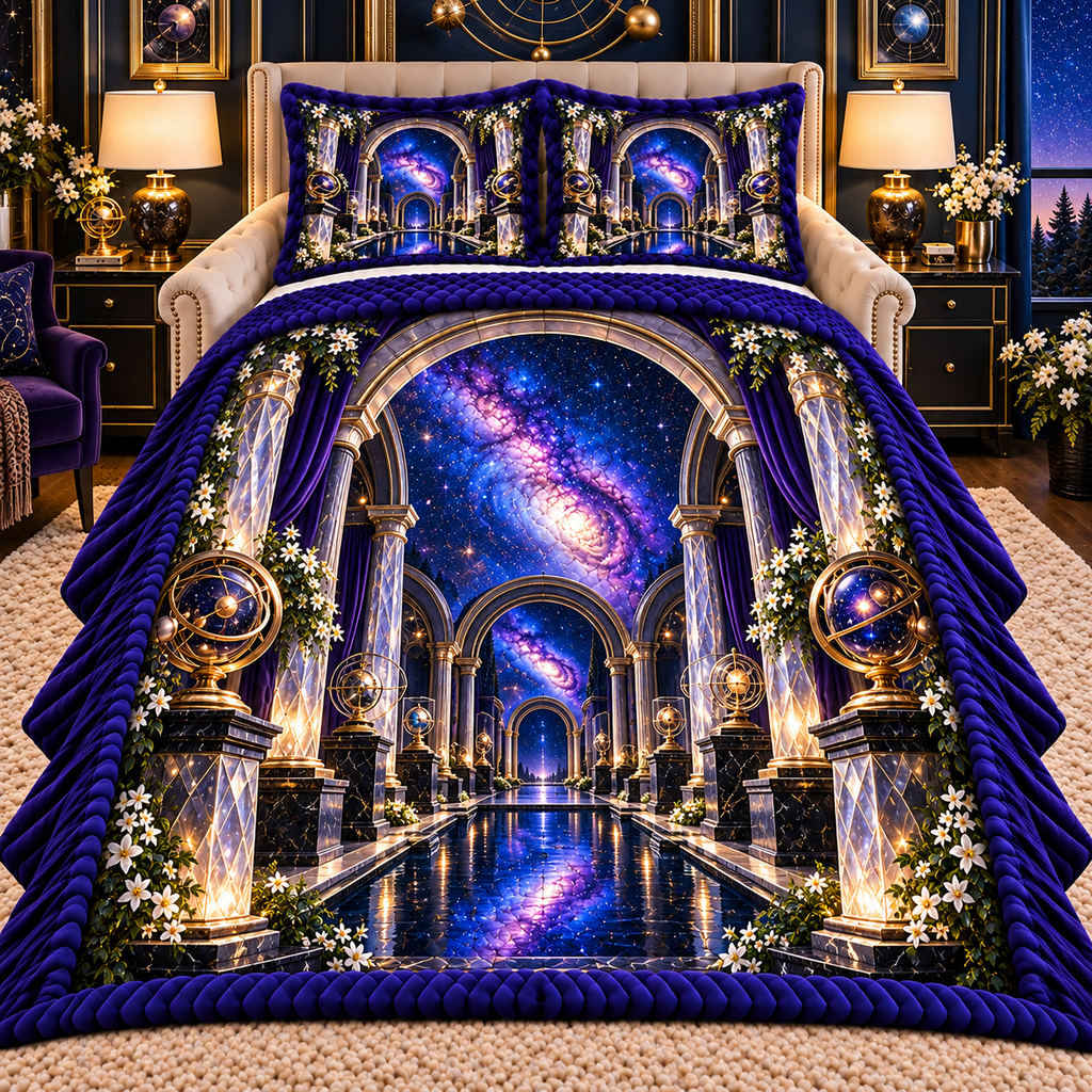 Milky Way Gallery Arch Quilted Bedding Set with printed optical 3D artwork in its use setting